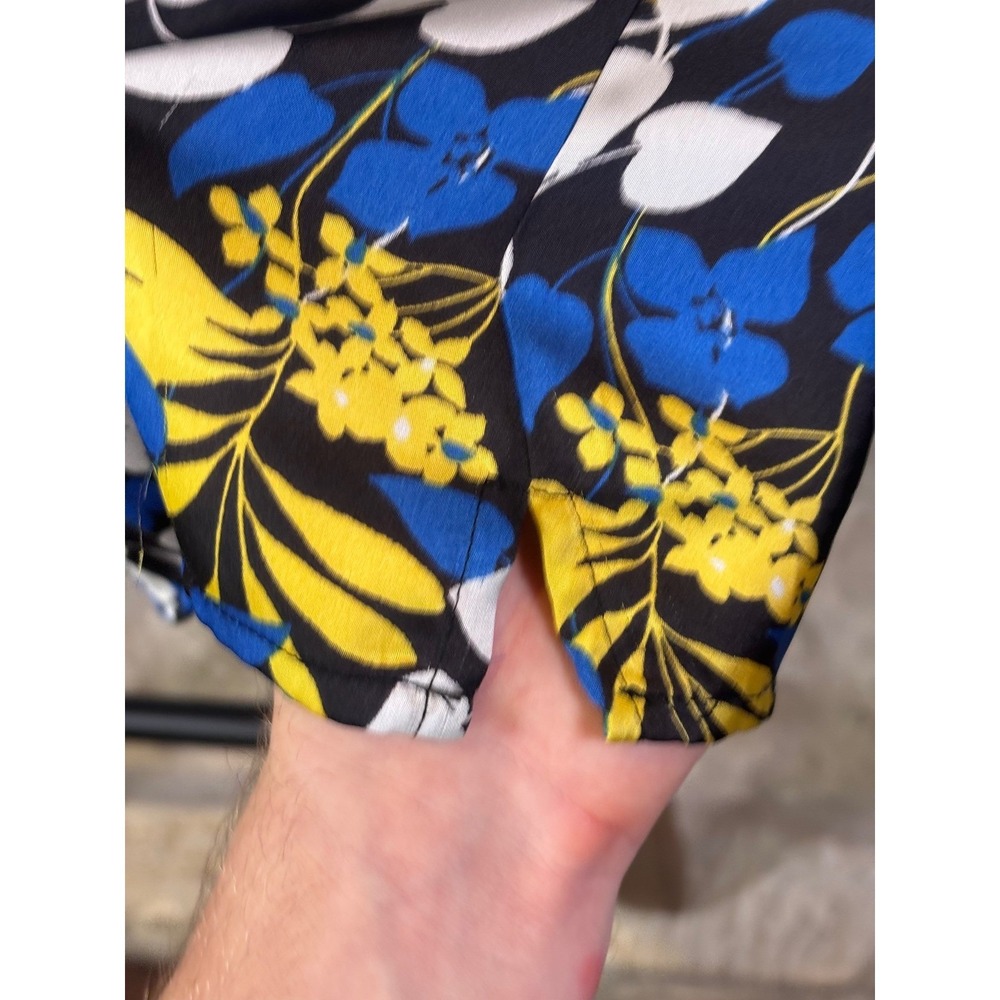 Kasper Women XL Blue Yellow Floral Pleated Cap Sleeve Blouse Top Keyhole Back - Picture 7 of 9
